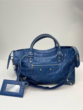 Auth Balenciaga City Bag Classic Giant 12 silver Blue Leather Satchel Bag COA